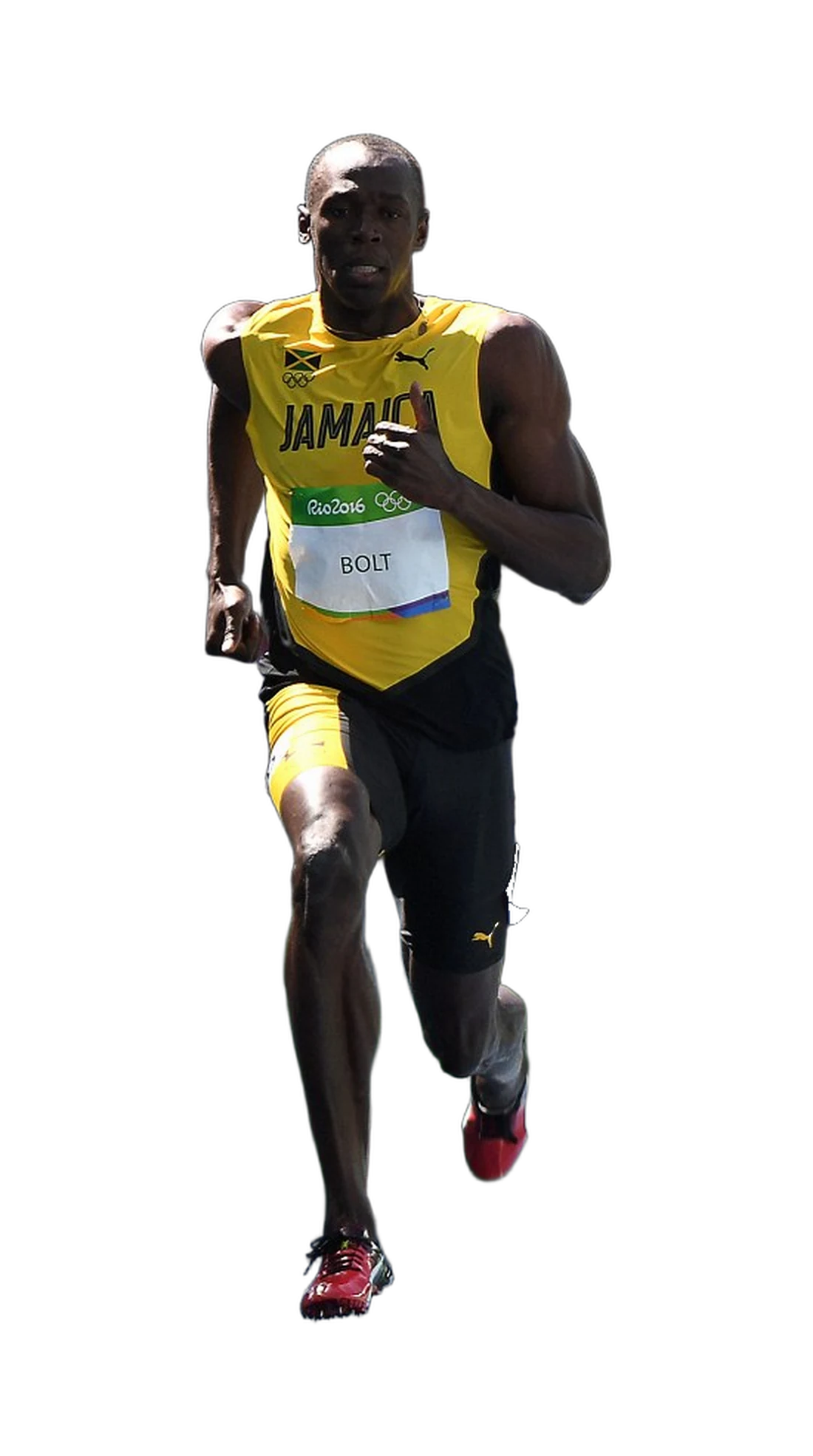 Usain Bolt em corrida, de frente, atravessando o X da marca